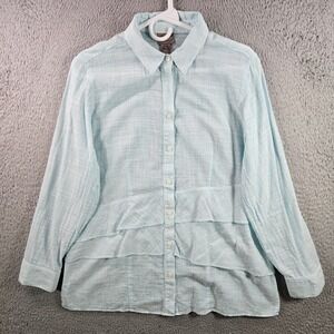 Chico's‎ Size 1 Blue White Stripe Button Front Ruffle Shirt Women